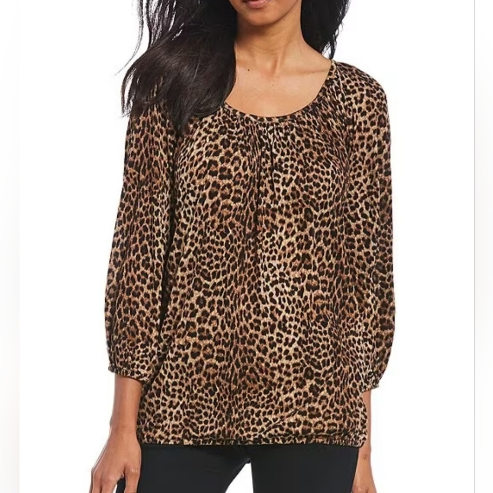 Michael Kors Persian Leopard Print Knit Jersey Peasant Top, Women's, Size Large